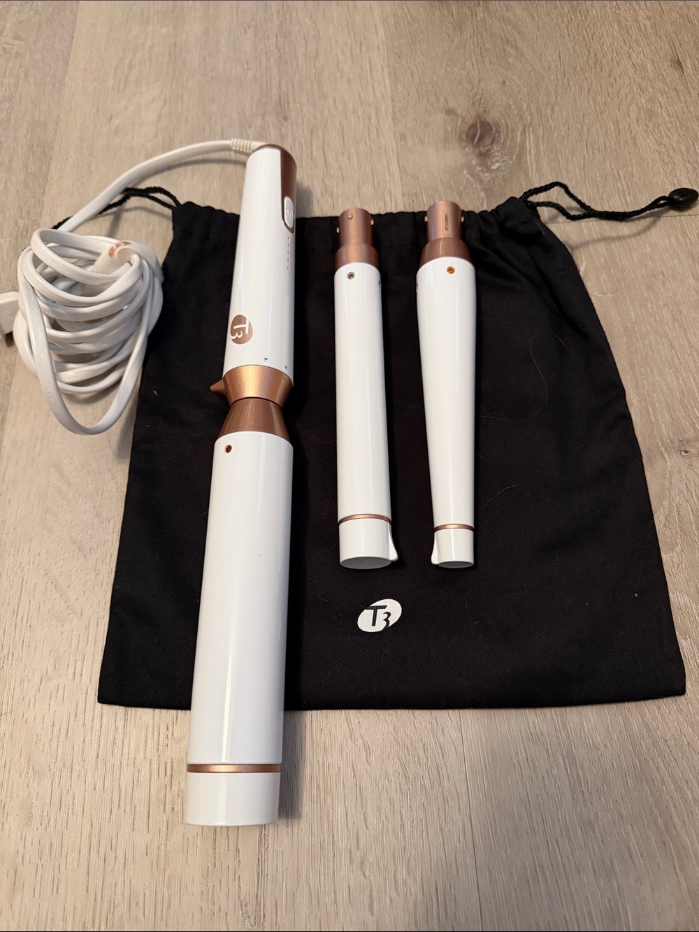 T3 White and Rose Gold Interchangeable Curling Wand Set